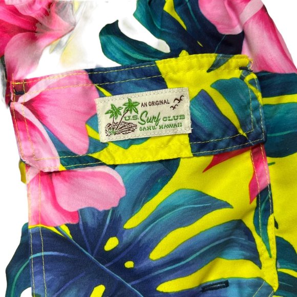 US Surf Club Swimwear Short Mens Medium Yellow Pink Floral Tropical Trunk Mesh L - Picture 9 of 12